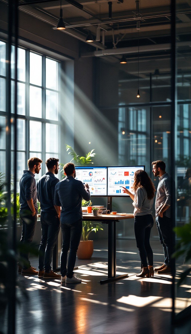 Professionals discussing business plans in a modern office