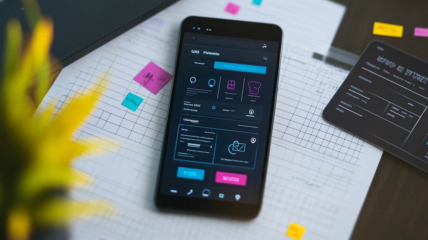 Smartphone showcasing UI design app amidst sticky notes and design documents